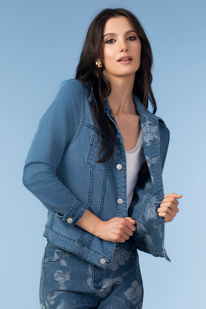 Alison Sheri A47406 Blue Combo Reversible Floral Denim Jacket