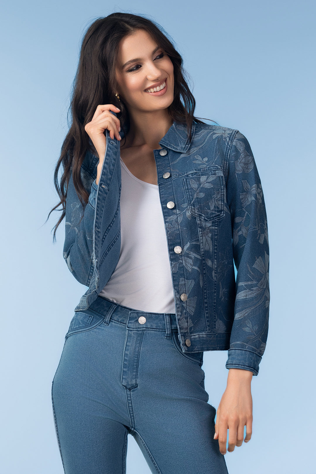 Alison Sheri A47406 Blue Combo Reversible Floral Denim Jacket