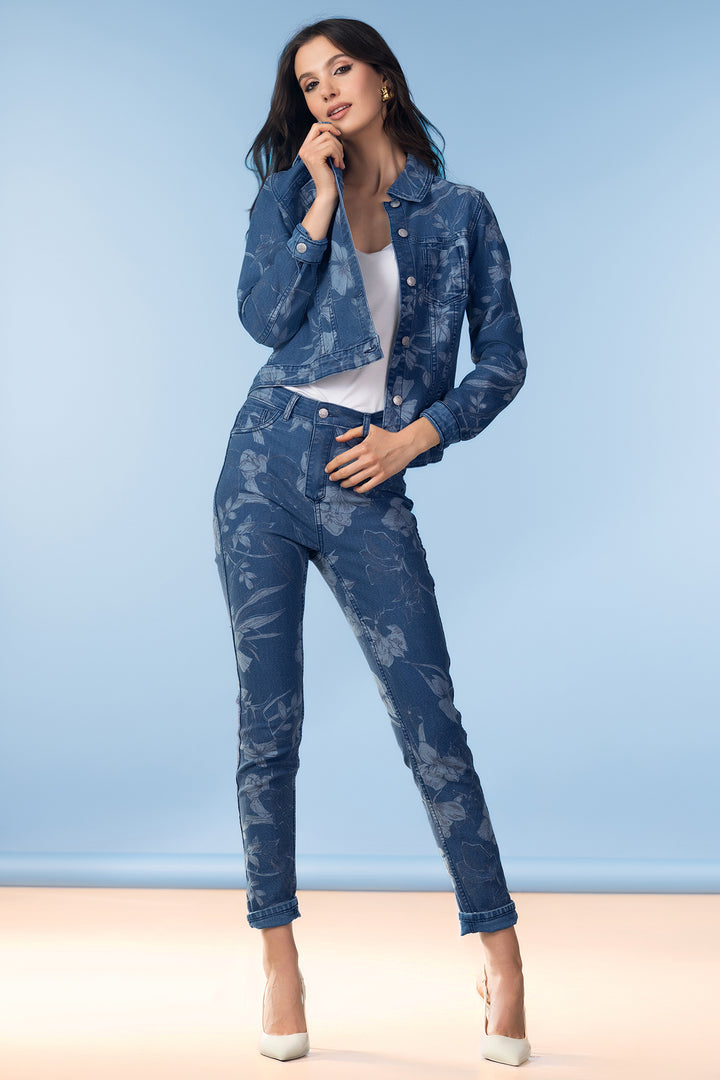 Alison Sheri A47406 Blue Combo Reversible Floral Denim Jacket
