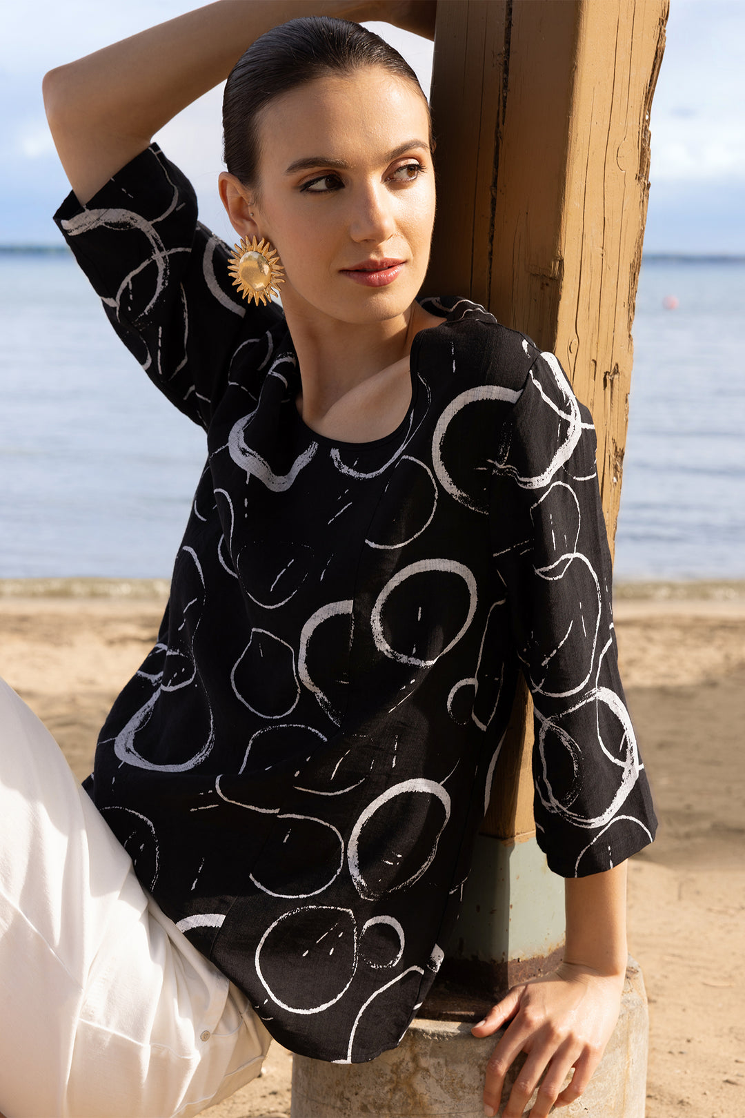 Alison Sheri A47607 Black Circle Print Top
