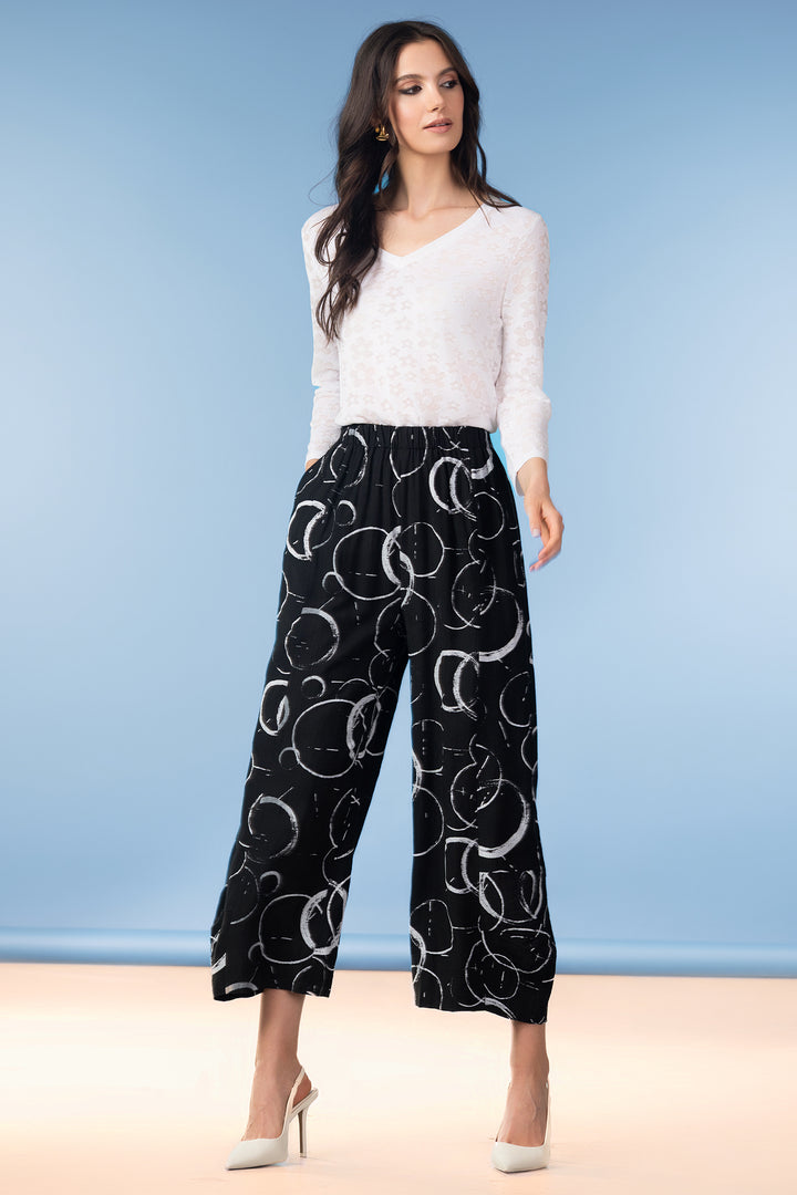 Alison Sheri A47608 Black Circle Print Wide Leg Pull-On Trousers