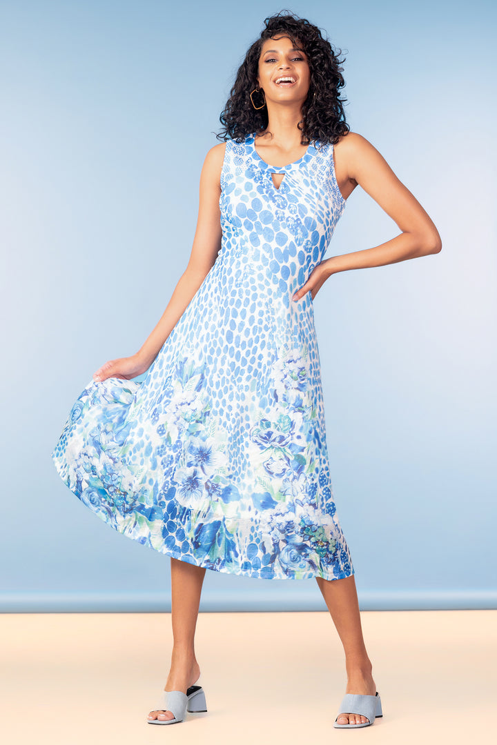 Alison Sheri A47635 Blue Floral Spot Print Sleeveless Dress
