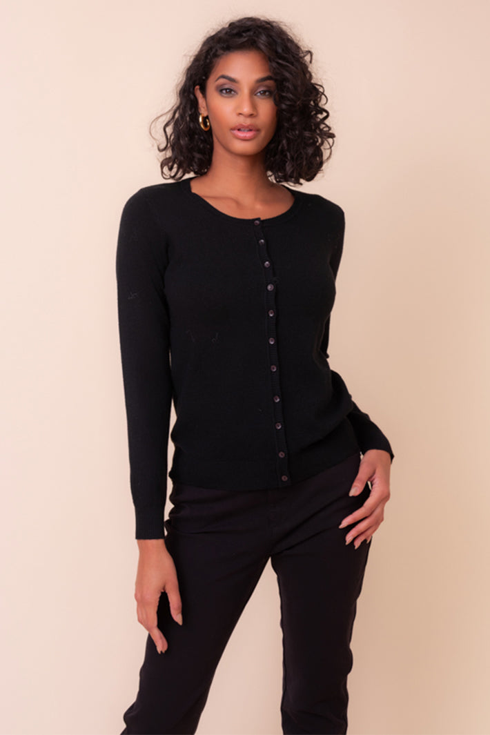 Alison Sheri YRE701 black round neck cardigan at Experience Boutique