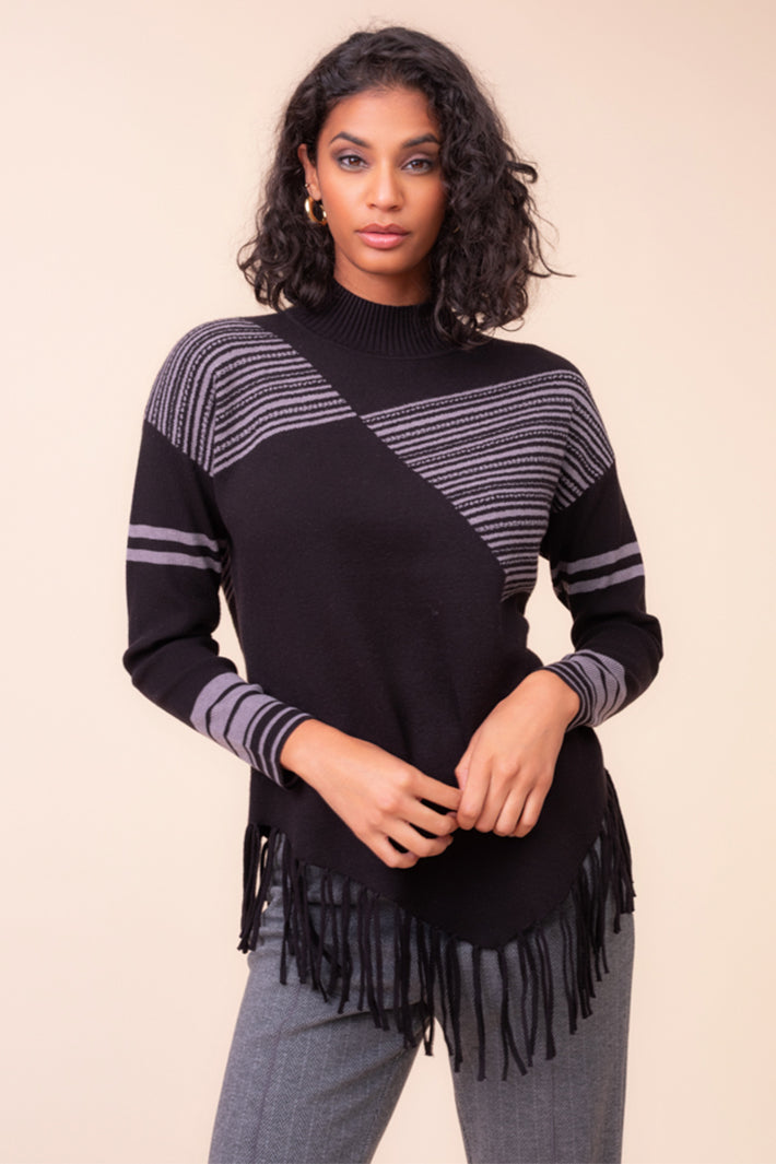 Alison Sheri A48372 black and grey tassel hem jumper at Experience Boutique