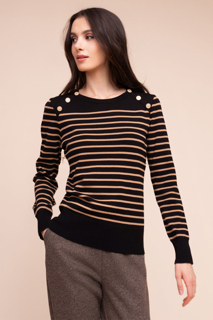 Alison Sheri A48155 camel and black stripe jumper at Experience Boutique