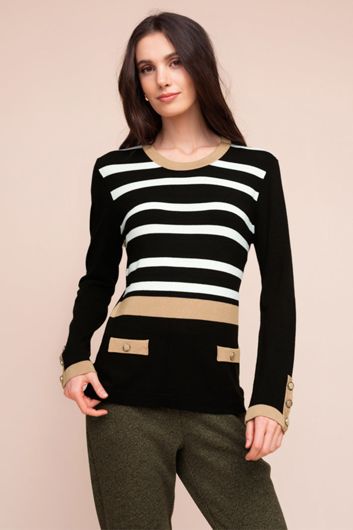 Alison Sheri A48049 black white and camel stripe jumper at Experience Boutique