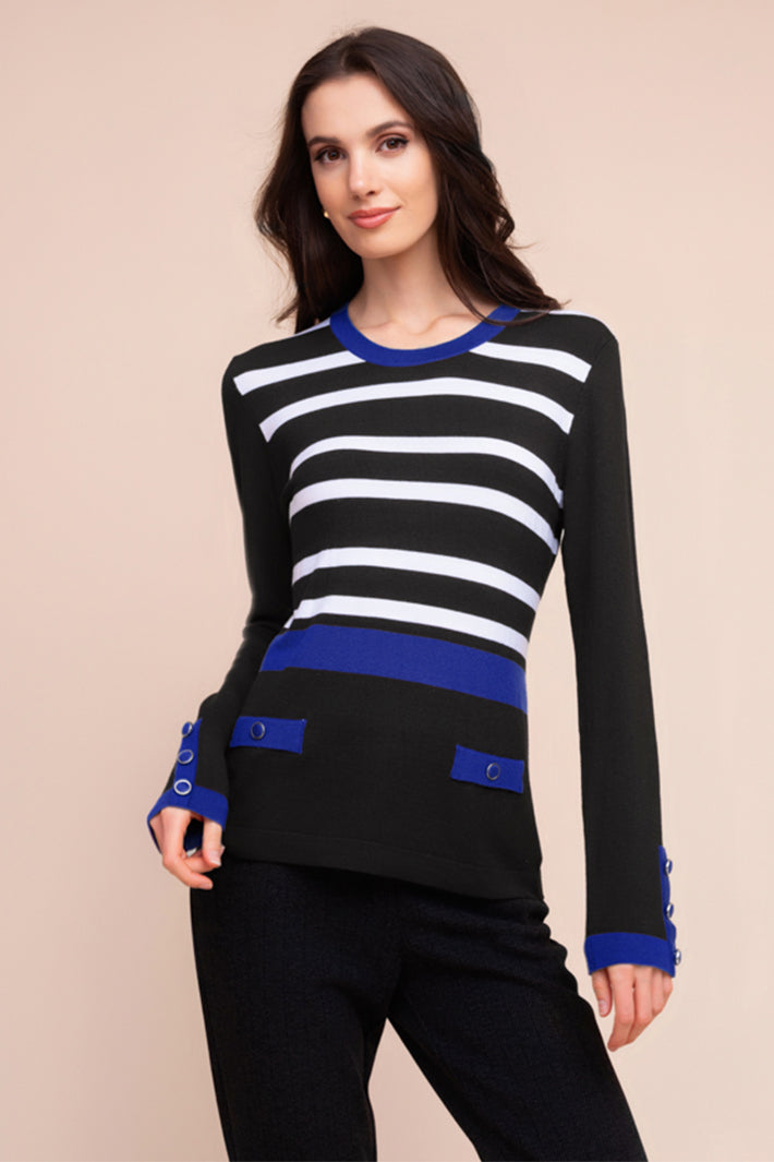 Alison Sheri A48049 black white and cobalt blue stripe jumper at Experience Boutique
