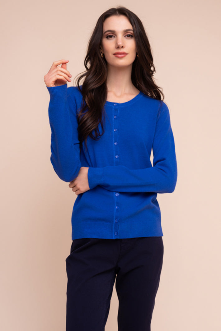 Alison Sheri YRE701 cobalt blue round neck cardigan at Experience Boutique