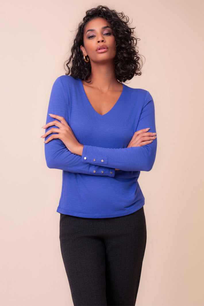 Alison Sheri A48136 cobalt blue V-neck top at Experience Boutique