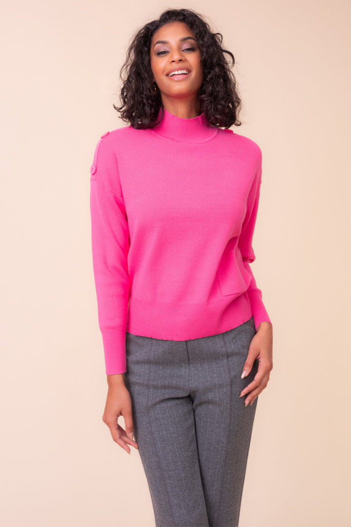 Alison Sheri A48006 fuchsia pink button shoulder jumper at Experience Boutique
