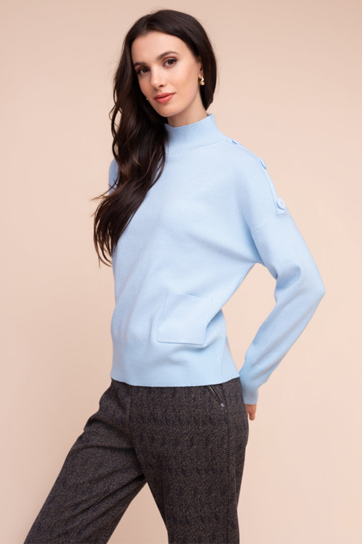 Alison Sheri A48006 ice blue button shoulder jumper at Experience Boutique