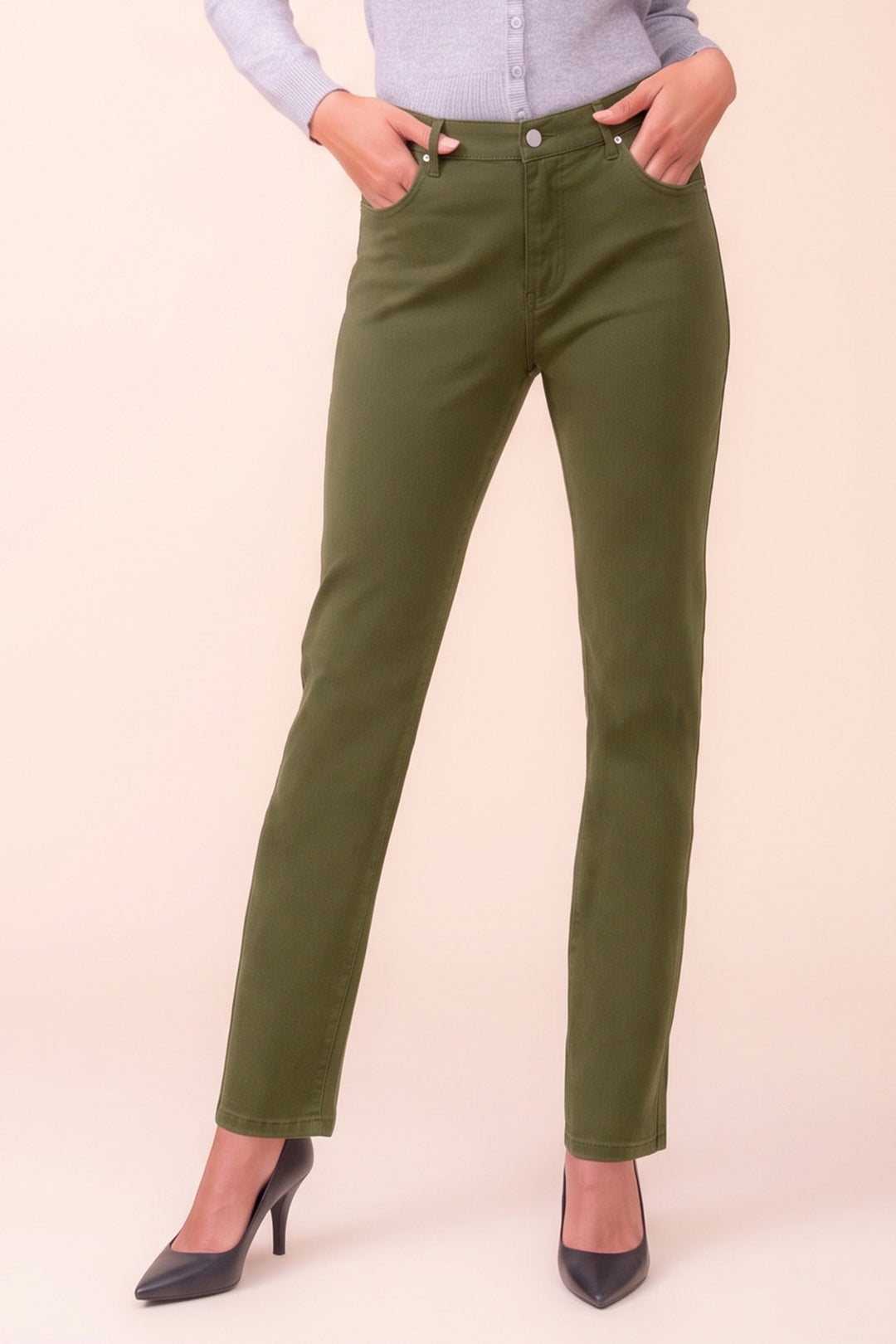 Alison Sheri Khaki Green Straight Leg Jeans PAS2403, front view