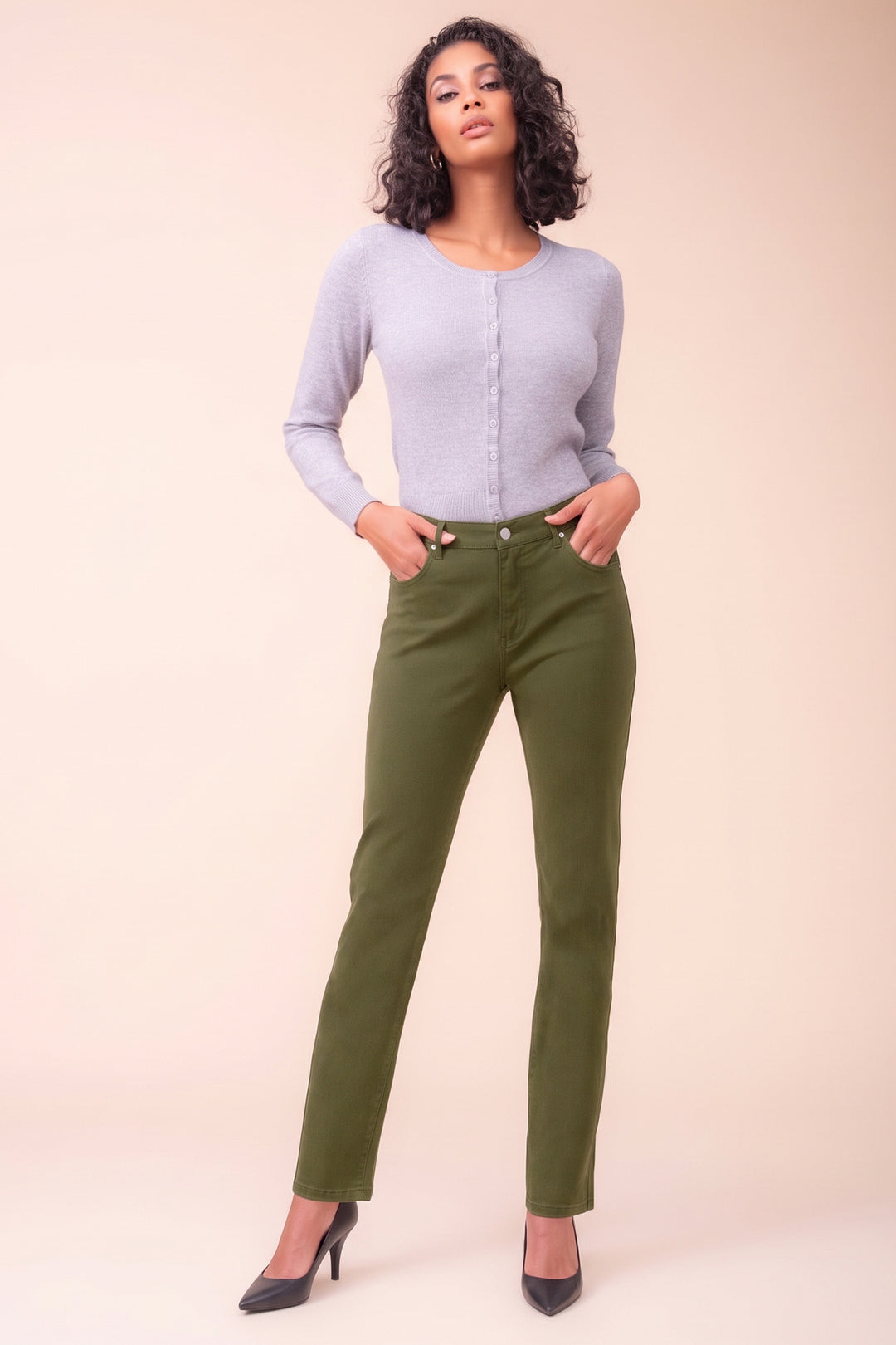 Alison Sheri Khaki Green Straight Leg Jeans PAS2403, full length