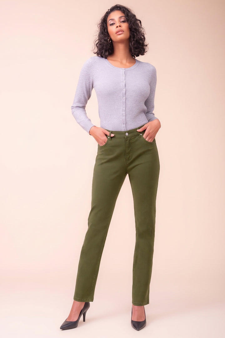 Alison Sheri Khaki Green Straight Leg Jeans PAS2403, full length