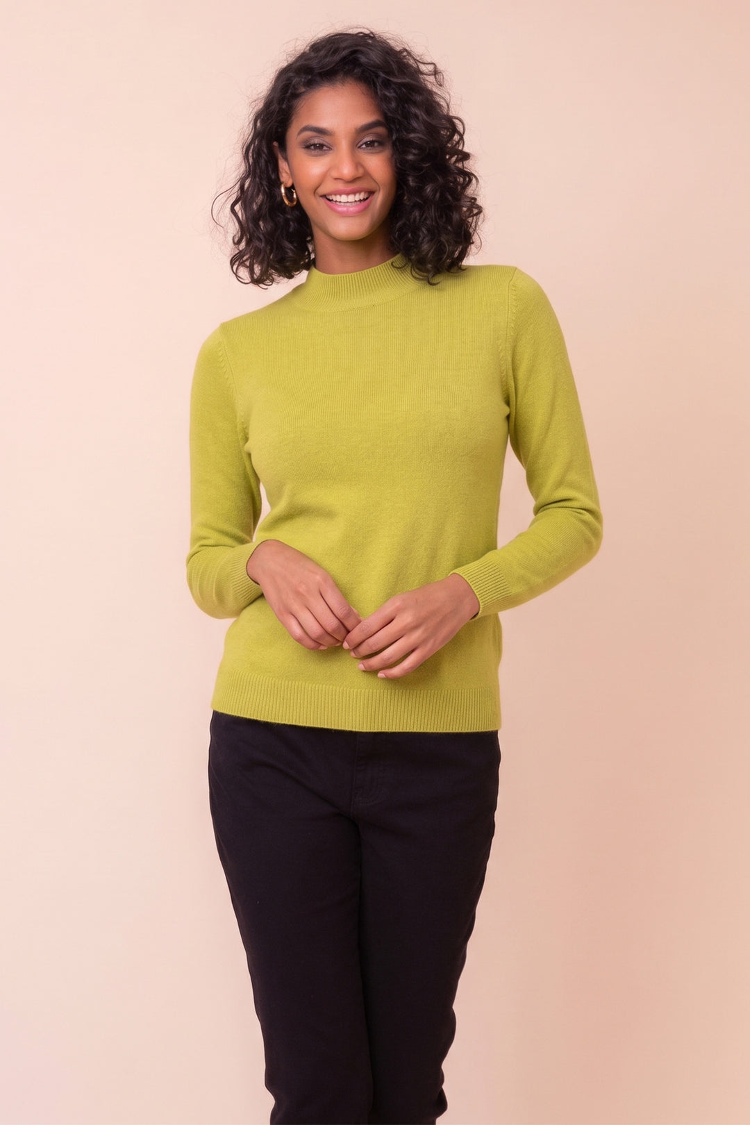 Alison Sheri Lime Green Long Sleeve Mock Turtle Neck Jumper YRE705, front view