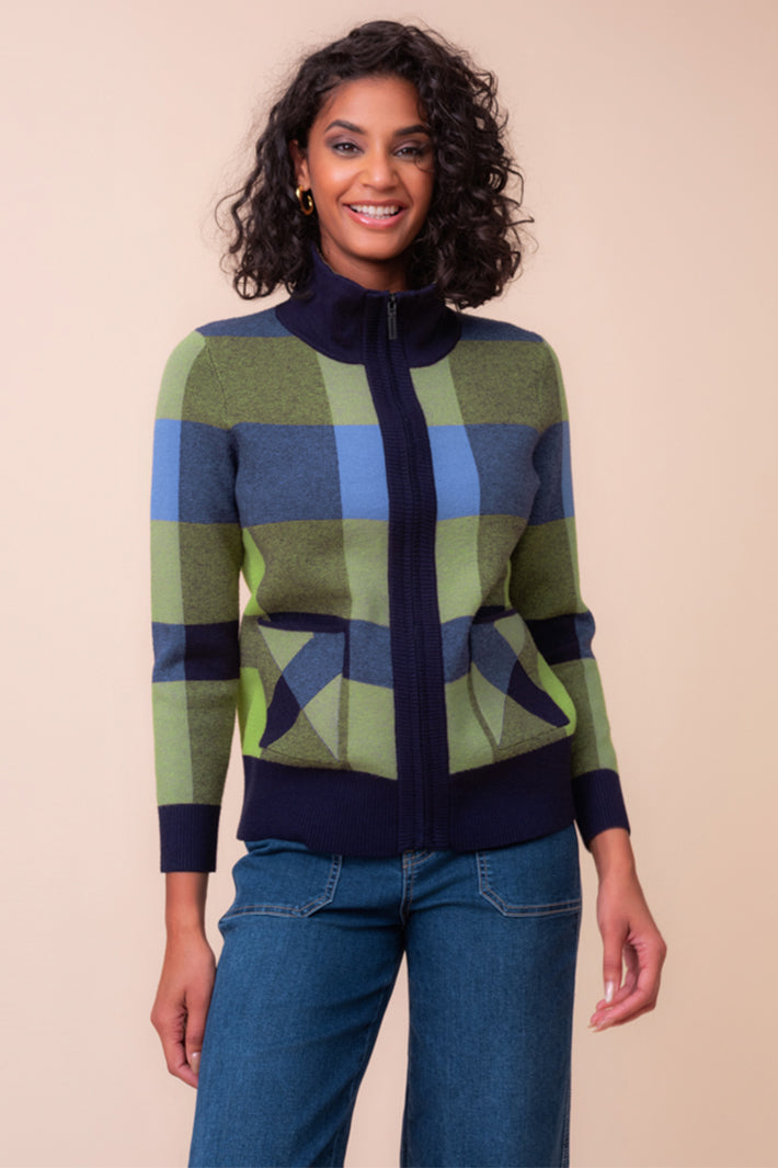 Alison Sheri A48283 navy and green check zip front cardigan at Experience Boutique