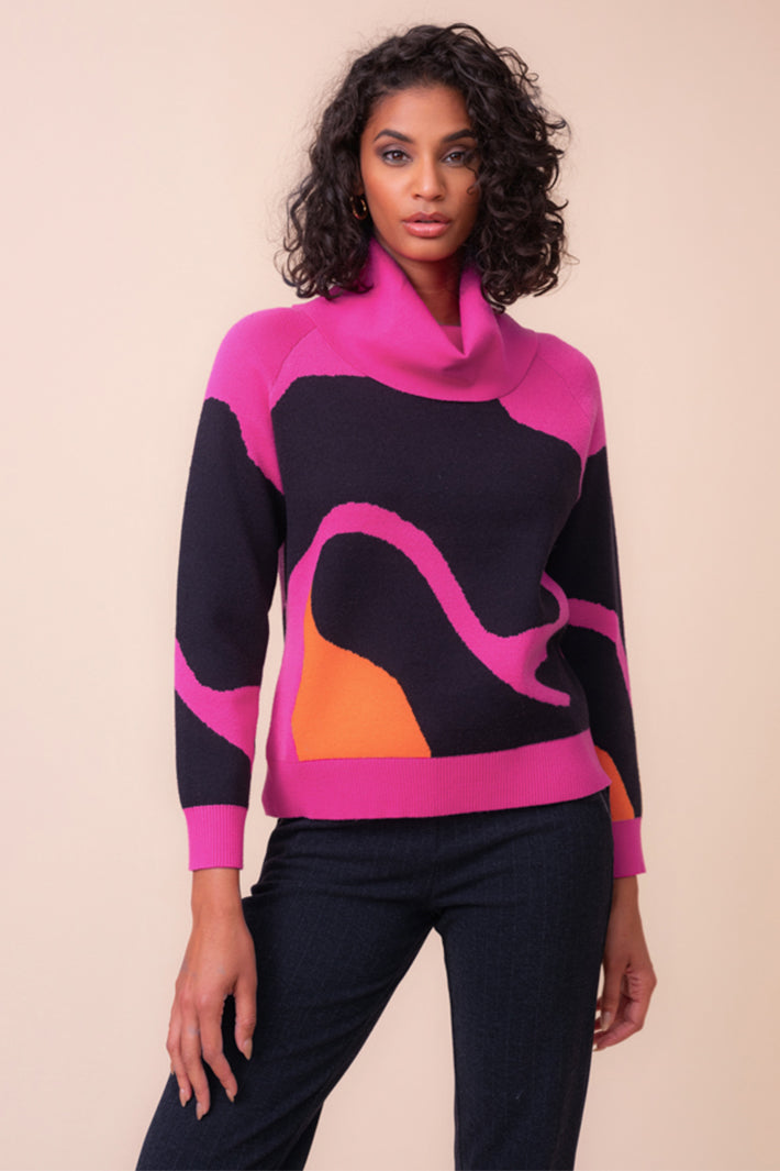Alison Sheri A48239 pink abstract cowl neck jumper at Experience Boutique