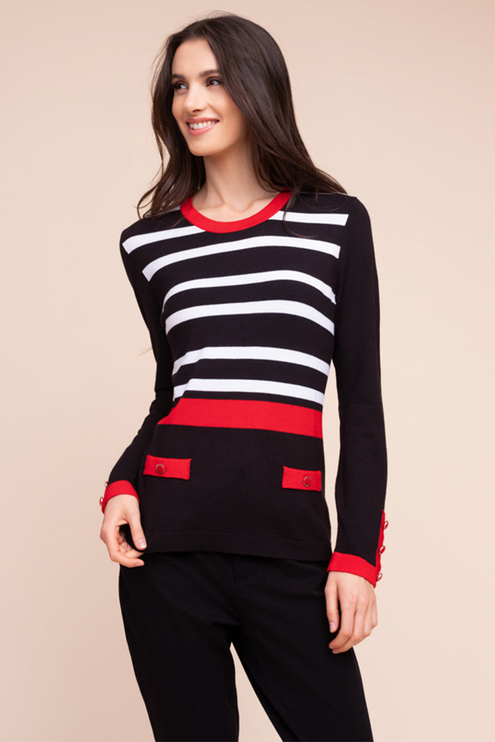 Alison Sheri A48049 black white and red stripe jumper at Experience Boutique