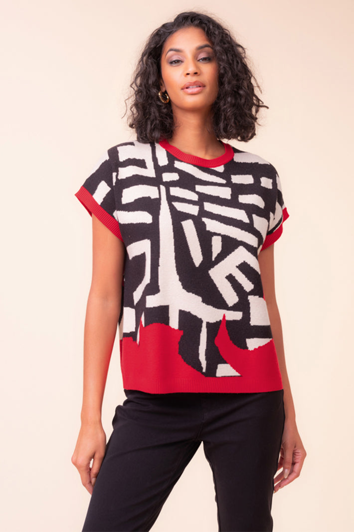 Alison Sheri A48045 red and black geometric cap sleeve jumper at Experience Boutique