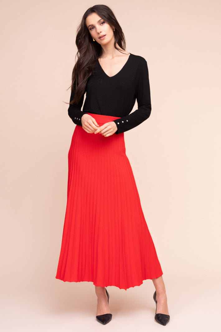 Alison Sheri A48058 red pleated knit midi skirt at Experience Boutique