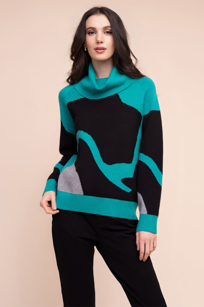 Alison Sheri A48361 teal blue abstract print cowl neck jumper at Experience Boutique