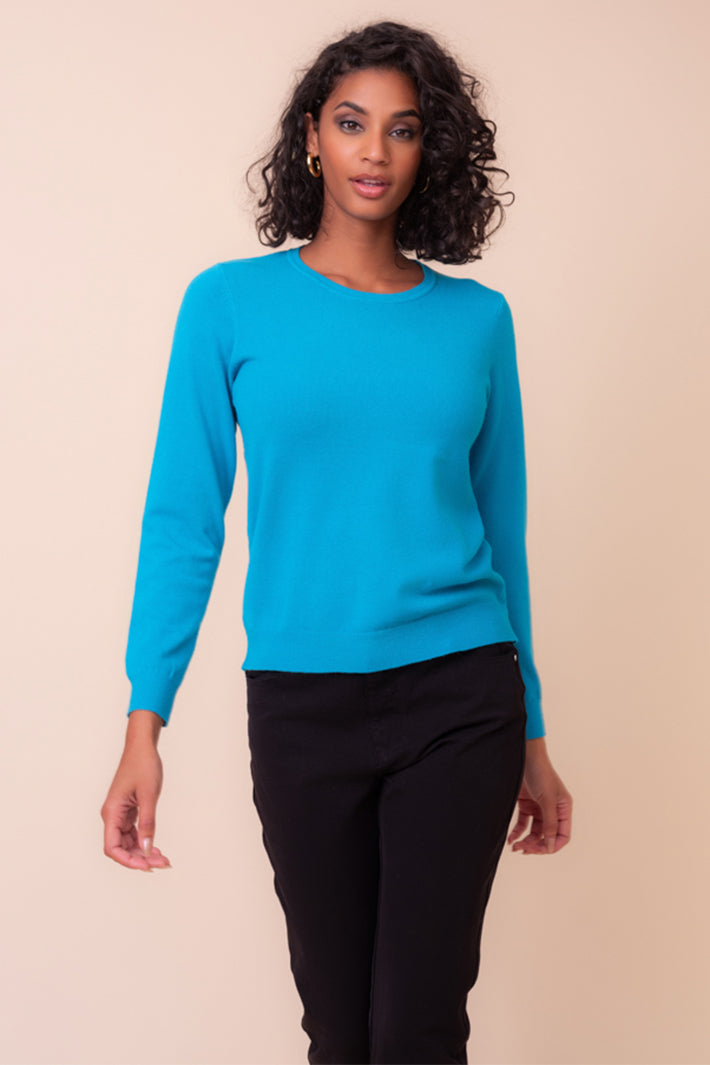 Alison Sheri YRE704 teal blue round neck jumper at Experience Boutique