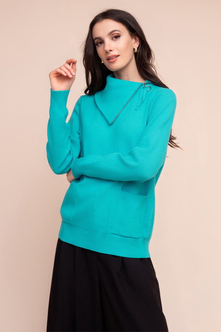 Alison Sheri A48025 teal blue zip neck jumper at Experience Boutique