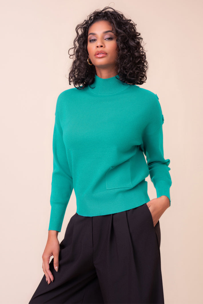 Alison Sheri A48006 turquoise button shoulder jumper at Experience Boutique