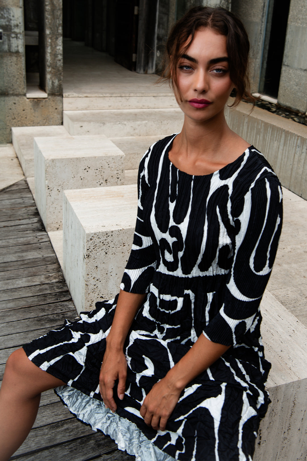 Alquema ADC544 Black Scribble 3/4 Sleeve Smash Dress