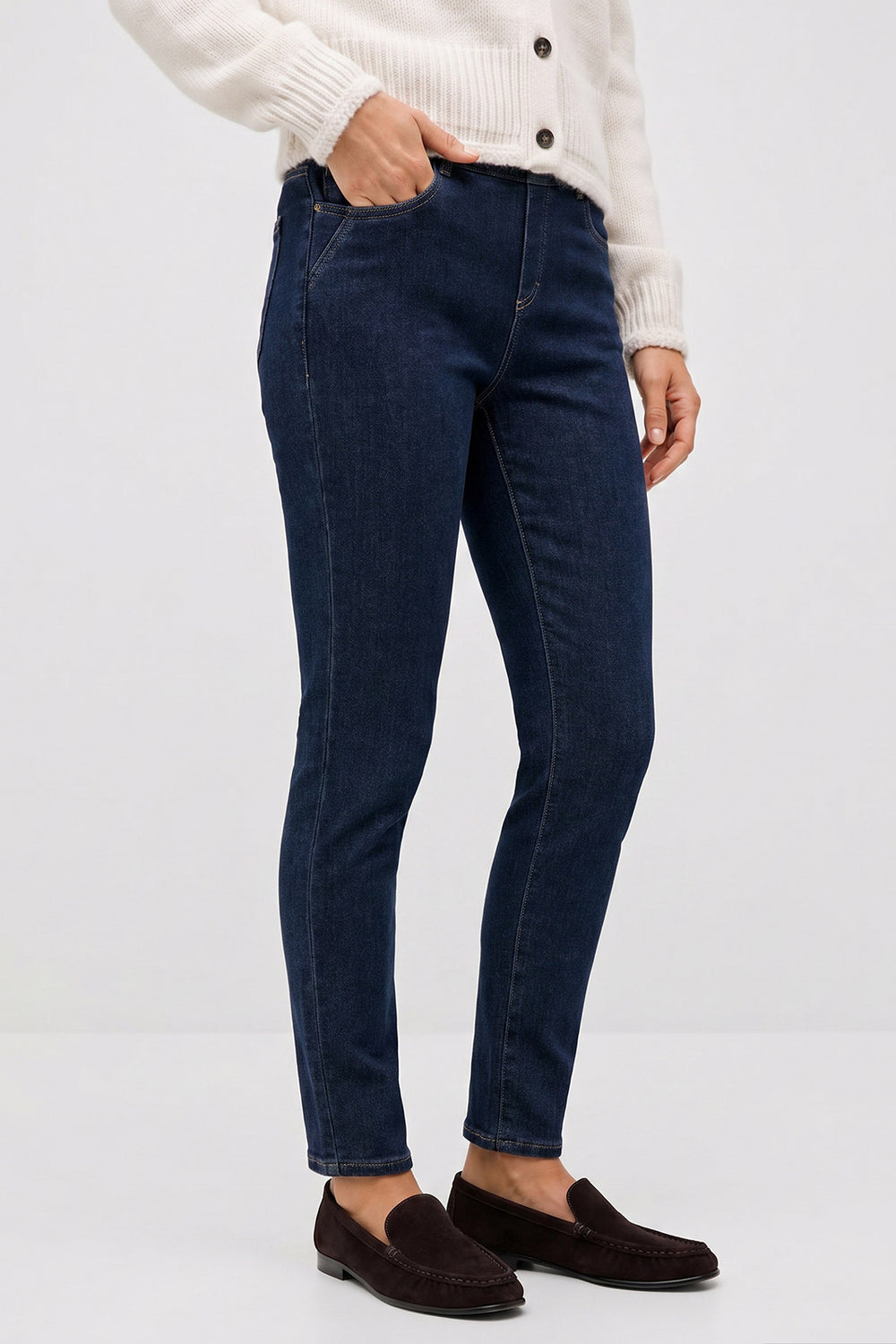 Anna Montana 1021 Angelika Dark Blue Denim Pull-On Trousers, three-quarter view