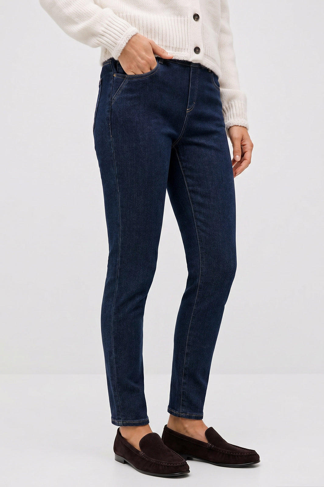 Anna Montana 1021 Angelika Dark Blue Denim Pull-On Trousers, three-quarter view