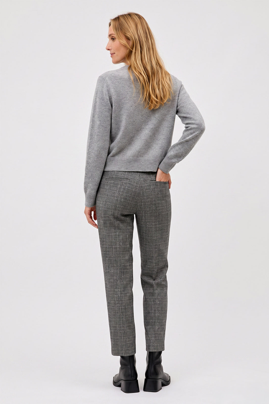 Anna Montana 5667 Rose Grey Check Tweed Trousers, back full length