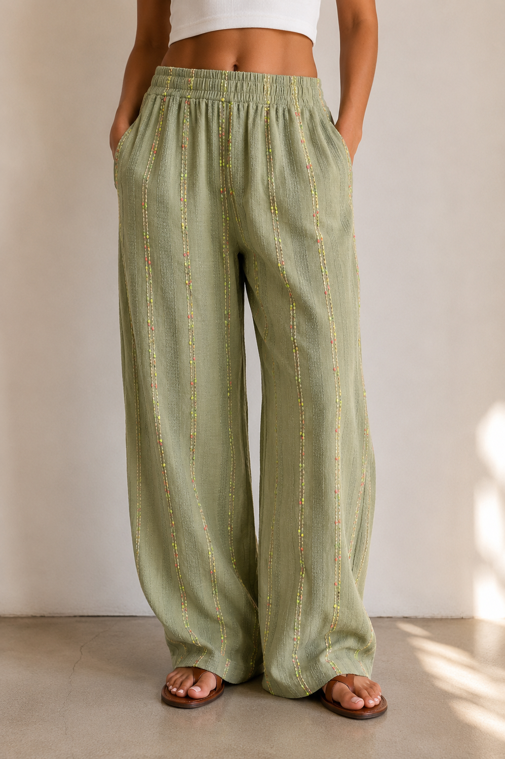 Green Embellished Neon Stripe Linen Blend Wide Leg Trousers