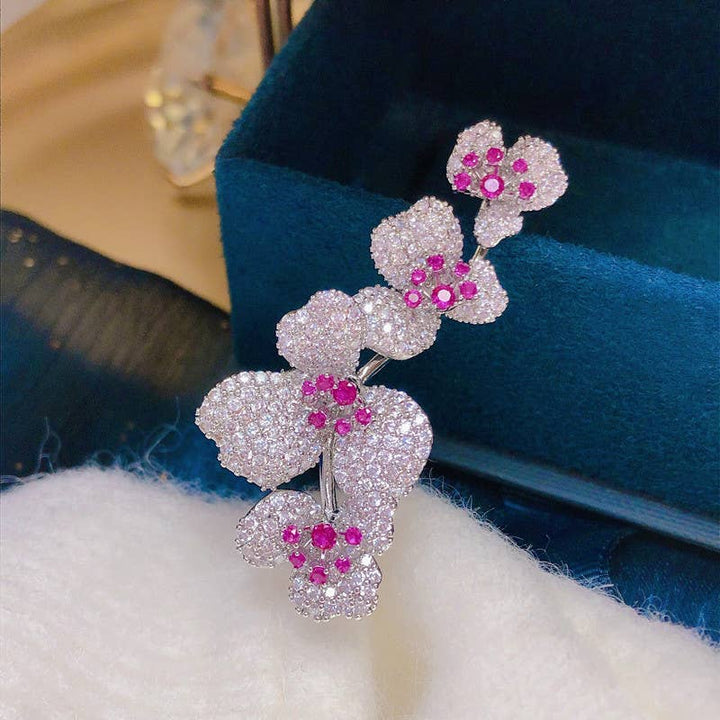 Sparkling Orchid Broach with Diamonds & Rubies in Silver