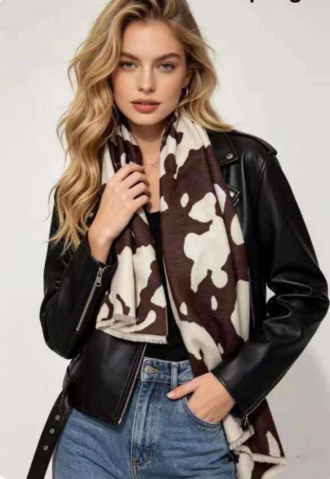 Brown &amp; Cream Cow Print Woven Scarf