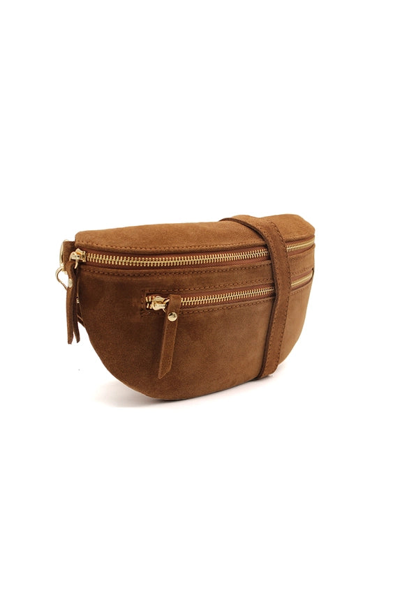Tan Suede Half Moon Crossbody Bag
