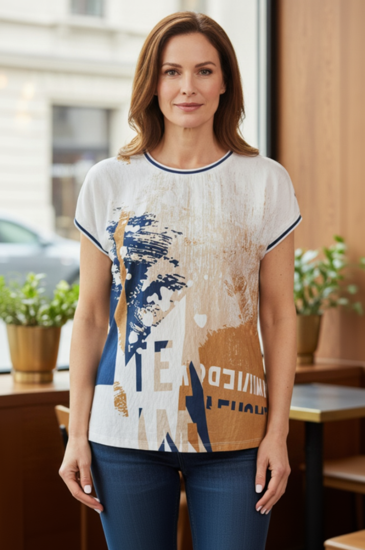 Barbara Lebek 55700062 Navy Cognac Print Cap Sleeve T-Shirt
