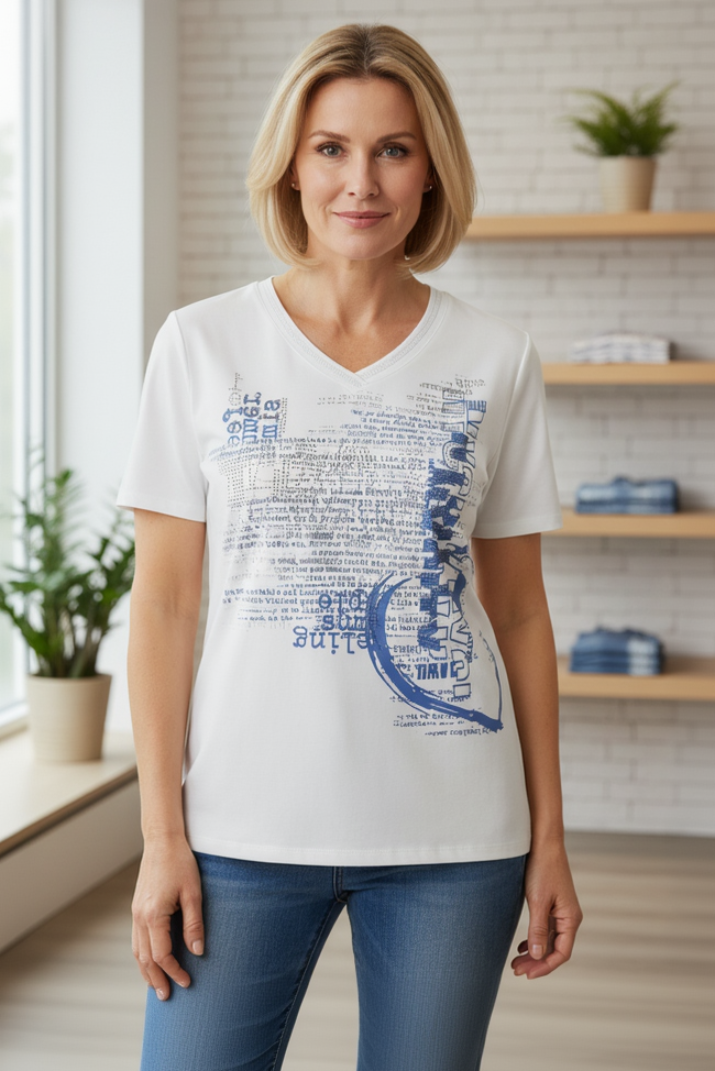 Barbara Lebek 56640062 Offwhite Blue Motif V-Neck T-Shirt