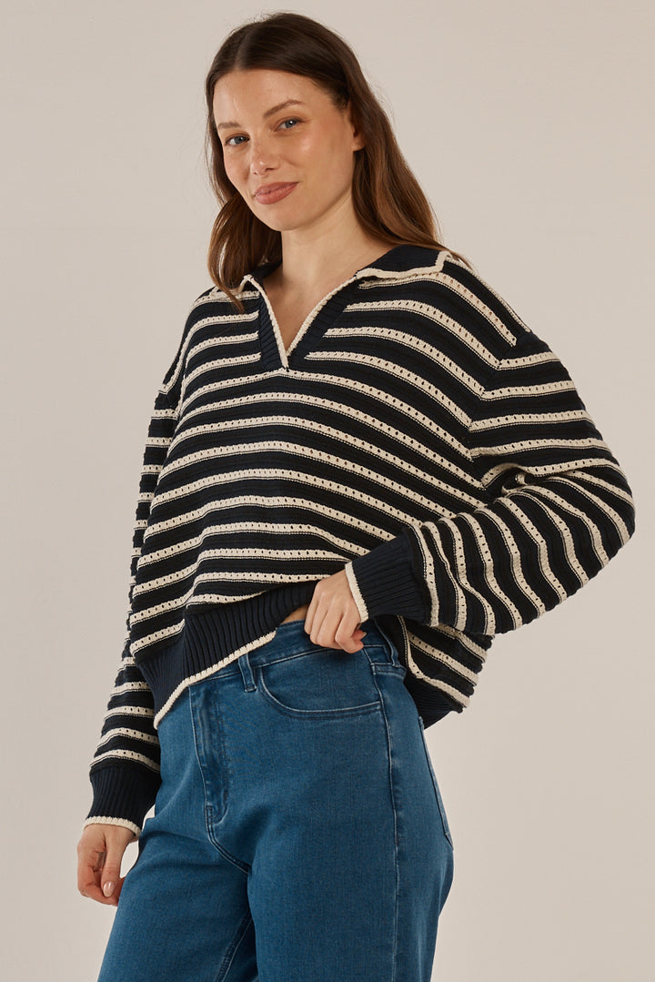 Betty Basics BB4103 navy stripe polo jumper at Experience Boutique