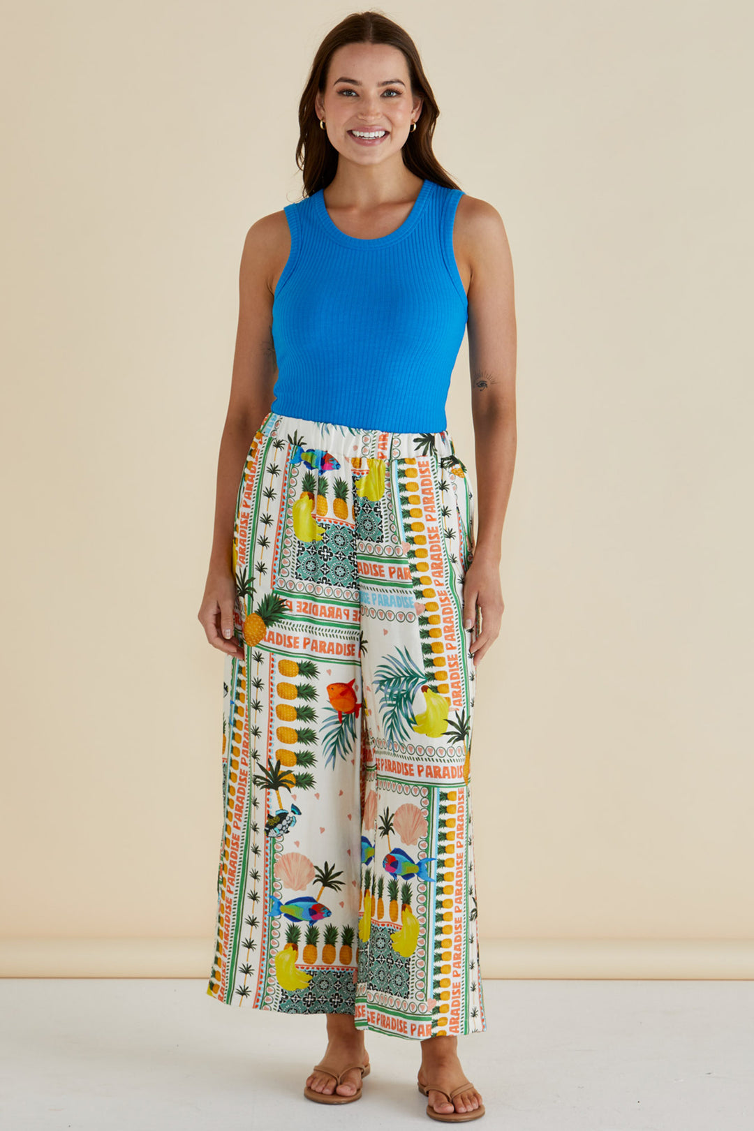 Betty Basics BB8441 Sable Paradise Beach Print Wide Leg Trousers