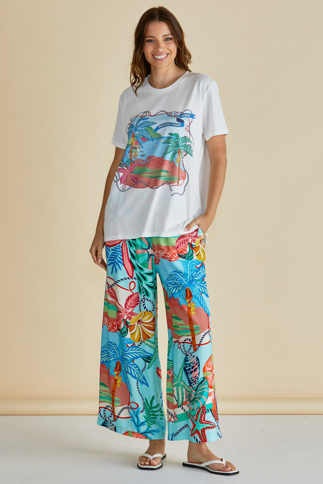 Betty Basics BB8486 Rio Blue Reef Print Wide Leg Trousers