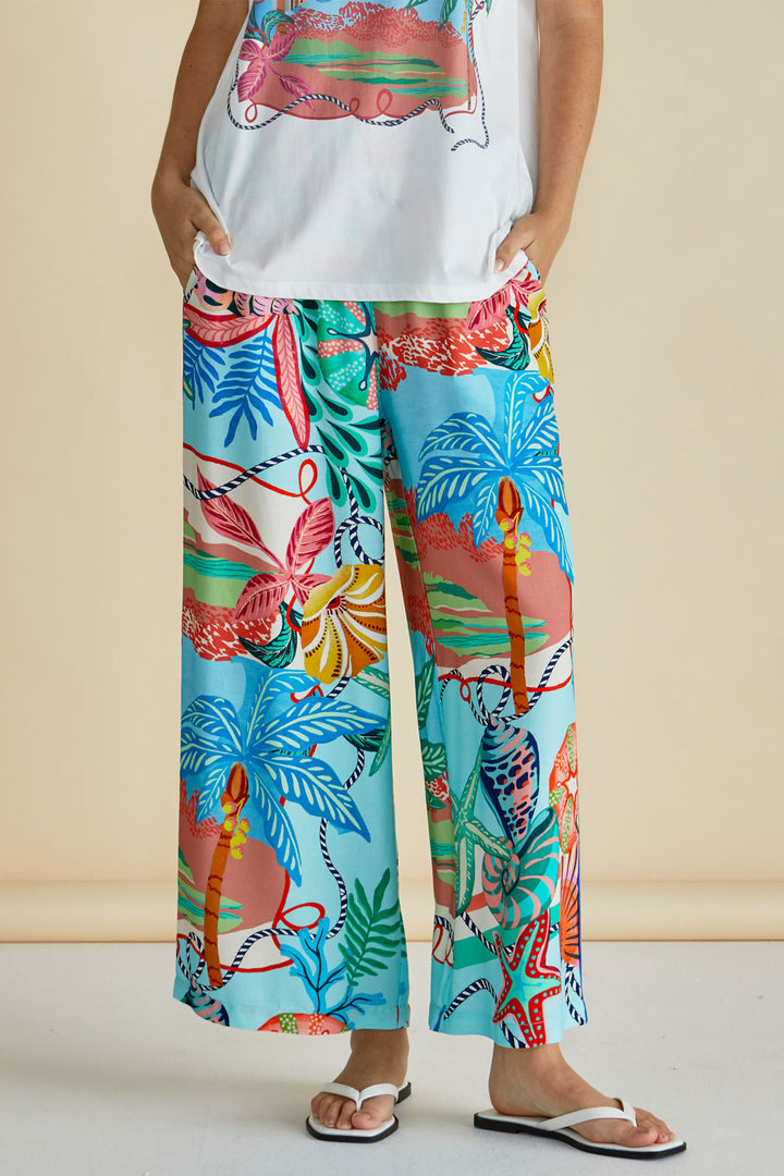 Betty Basics BB8486 Rio Blue Reef Print Wide Leg Trousers