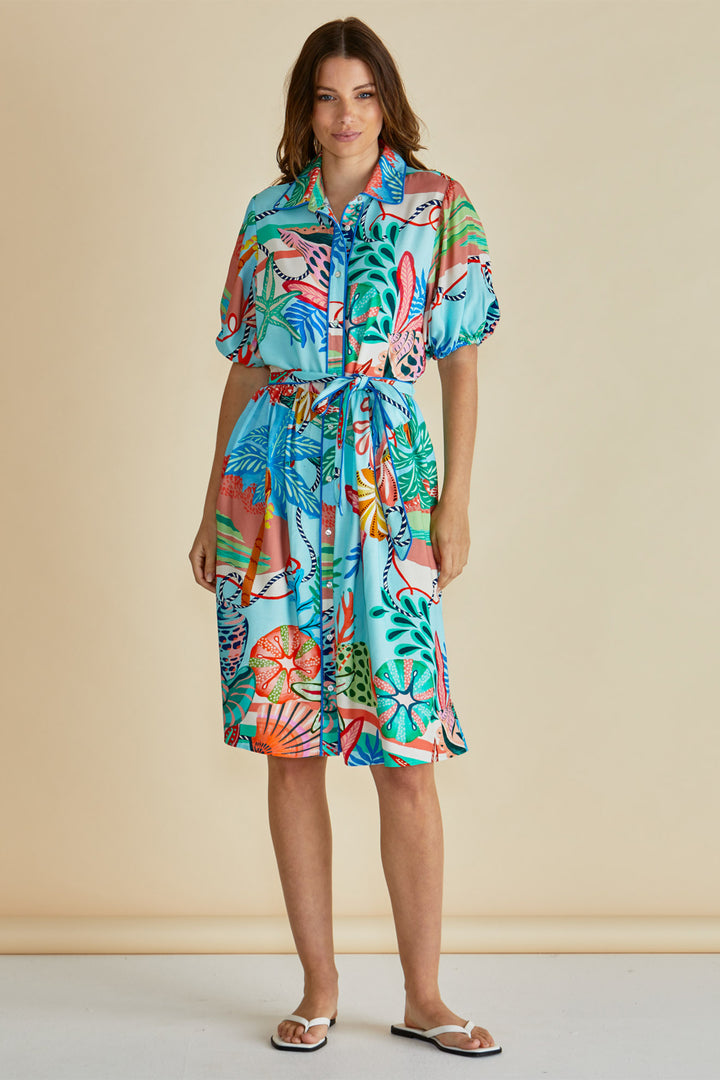 Betty Basics BB8497 Rio Blue Reef Print Shirt Dress