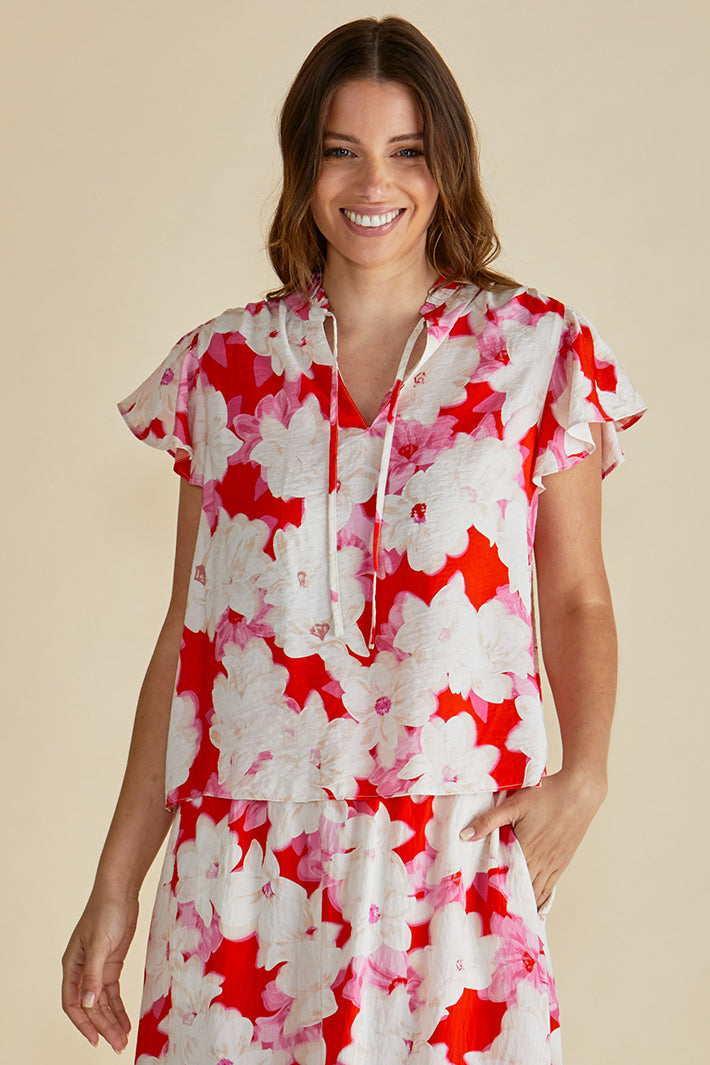Betty Basics BB8506 Lyra Red Floral Print Blouse