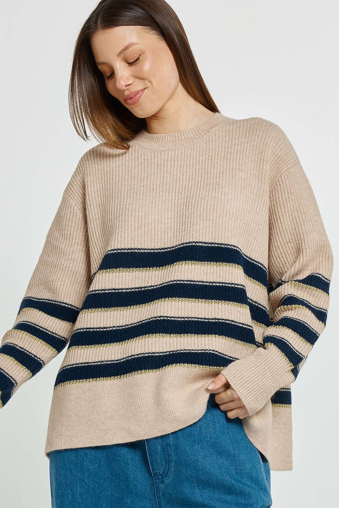 Betty Basics BB4093 navy cream gold stripe jumper at Experience Boutique
