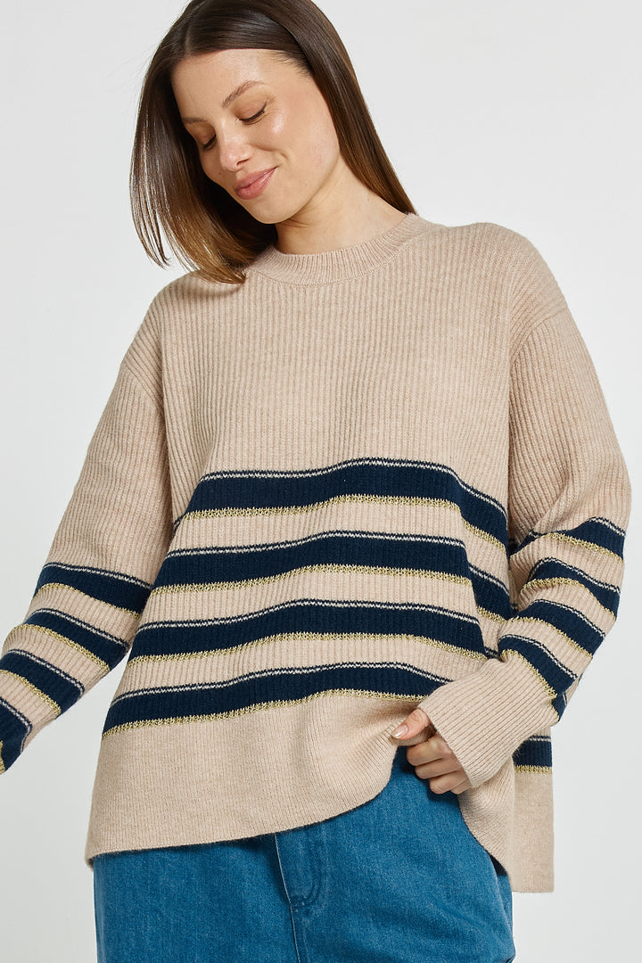 Betty Basics BB4093 navy cream gold stripe jumper at Experience Boutique