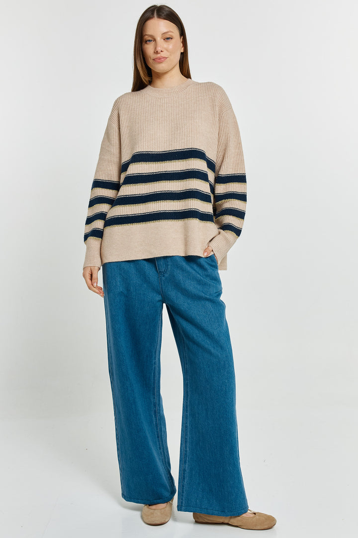 Betty Basics BB4093 navy cream gold stripe jumper at Experience Boutique