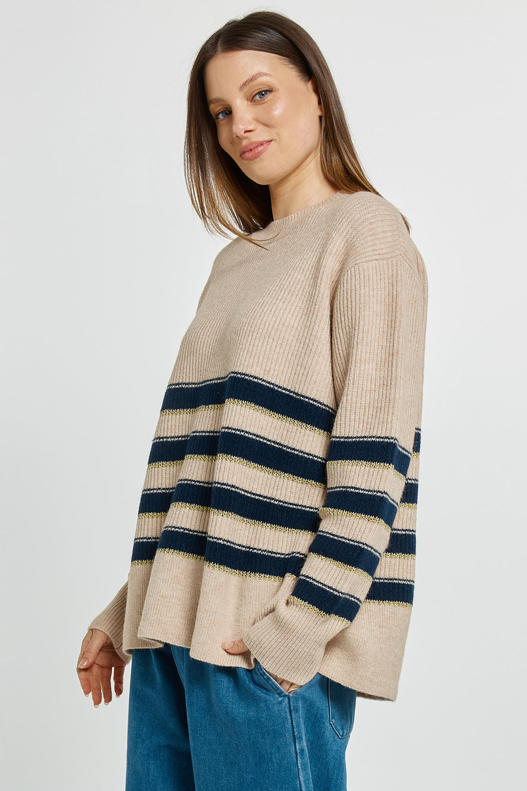 Betty Basics BB4093 navy cream gold stripe jumper at Experience Boutique