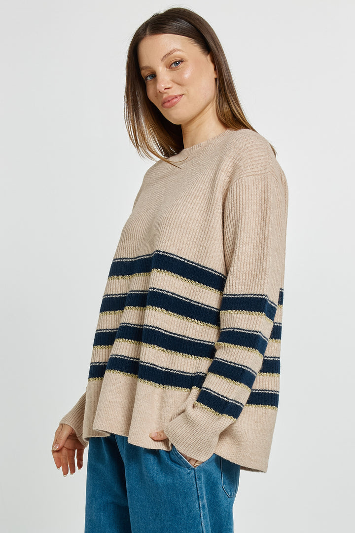 Betty Basics BB4093 navy cream gold stripe jumper at Experience Boutique