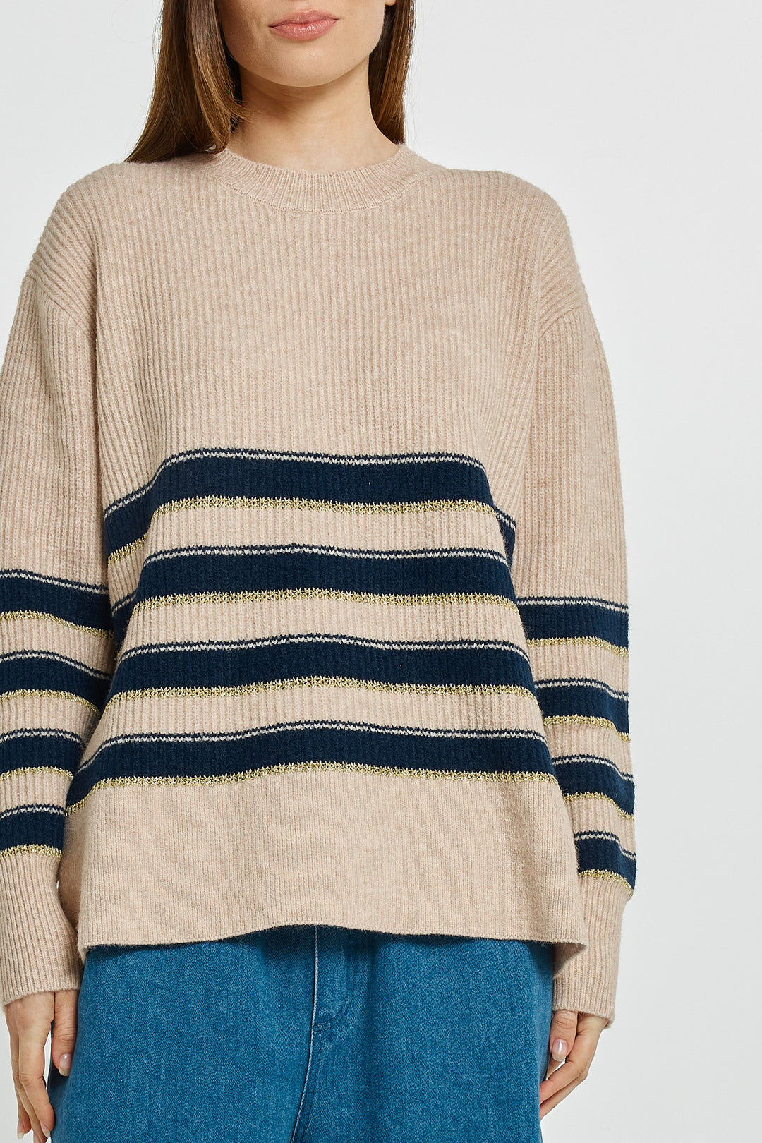 Betty Basics BB4093 navy cream gold stripe jumper at Experience Boutique